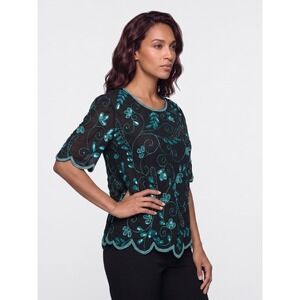 Creative Touch Black Teal Sequin Beaded Scalloped Hem Blouse Top Made in India